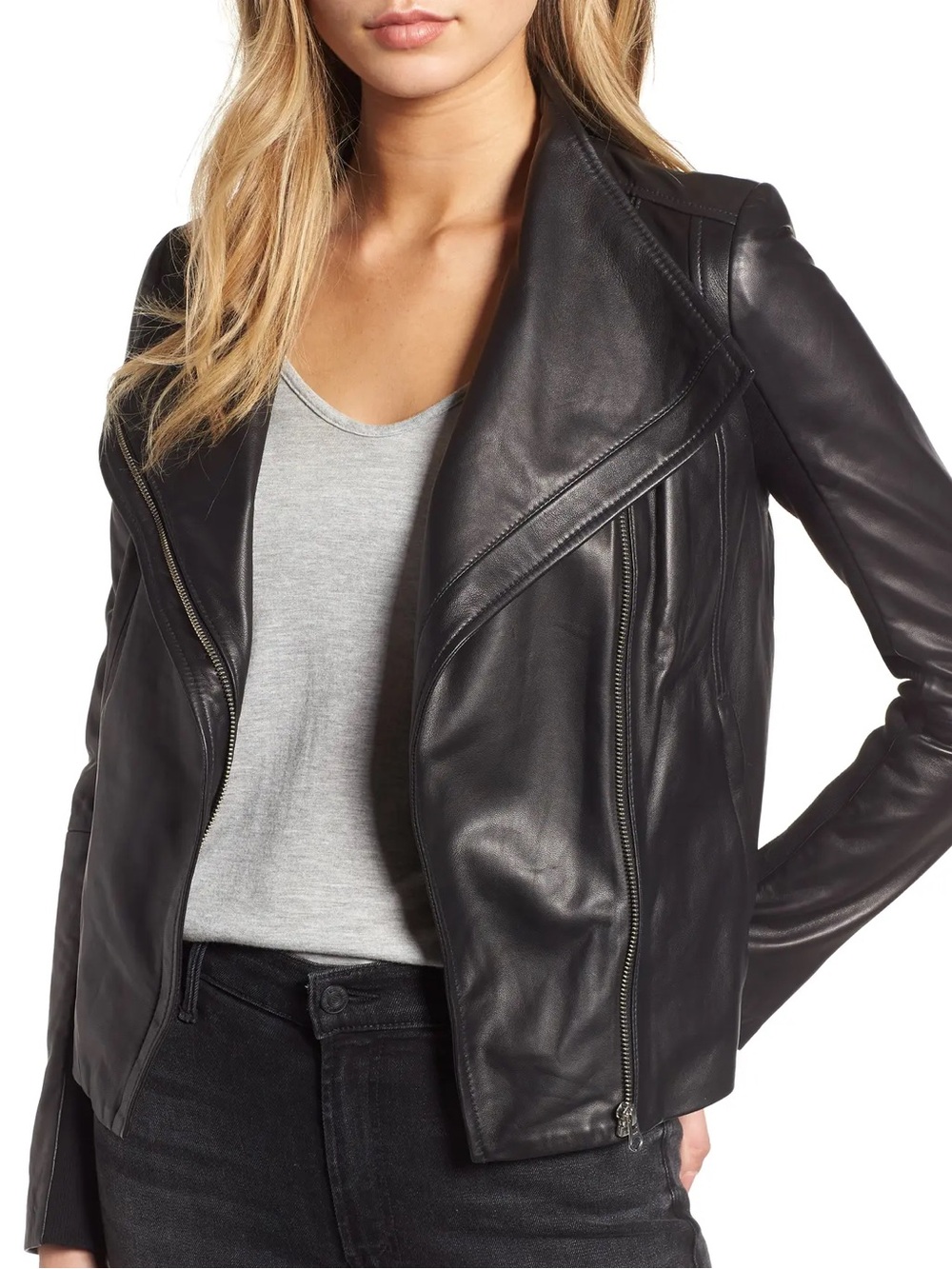 Trouve S Soft Leather Moto Jacket Asymmetrical Knit Panels Zip Tailored Edgy